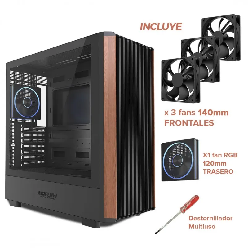 [03662] AirFlow ROBLE Work Black/Madera, USB-C x4 Fan, Gabinete ATX E-ATX SSI CEB y SSI EEB