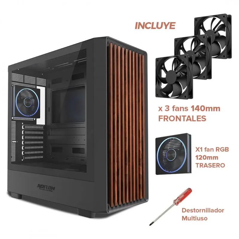 [03651] AirFlow ROBLE Artis Black/Madera, USB-C x4 Fan, Gabinete ATX E-ATX SSI CEB y SSI EEB
