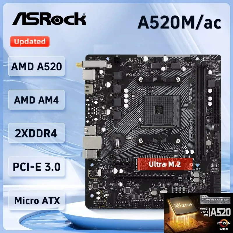 [01163] ASRock A520M/AC BULK AM4 AMD A520 SATA 6Gb/s Micro ATX AMD 802.11ac Wi-Fi + BT 4.2 a520 ddr4