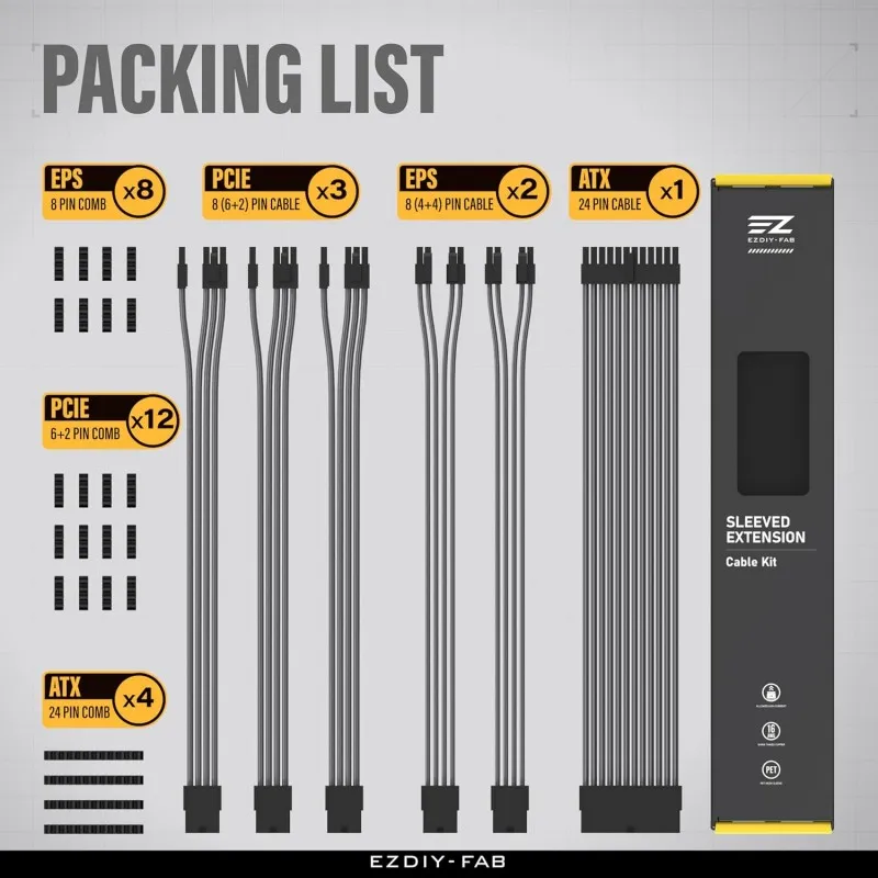 EZDIY-FAB KIT V2 Carbon Extensión KIT 6 cable PSU 300mm 16AWG 300mm 24P/EPS 8P-4+4P*2/ PCIE8P-6+2P*3 EZDPI228-6