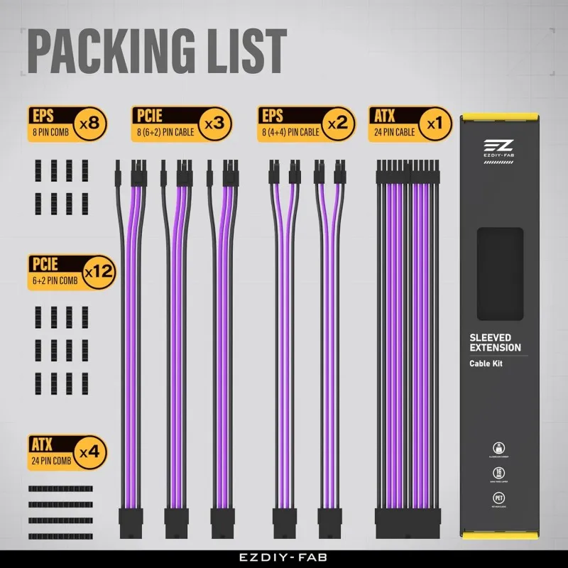 EZDIY-FAB KIT V2 Black/Purple Extensión KIT 6 cable PSU 300mm 16AWG 300mm 24P/EPS 8P-4+4P*2/ PCIE8P-6+2P*3 EZDPI228-5