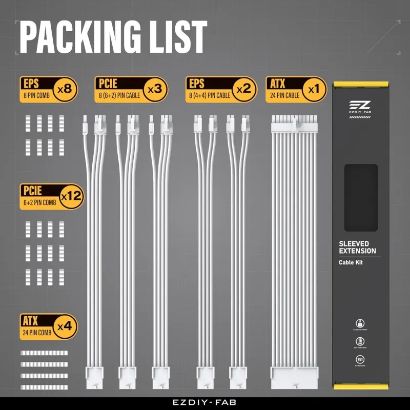EZDIY-FAB KIT V2 All White Extensión KIT 6 cable PSU 300mm 16AWG 300mm 24P/EPS 8P-4+4P*2/ PCIE8P-6+2P*3 EZDPI228-1