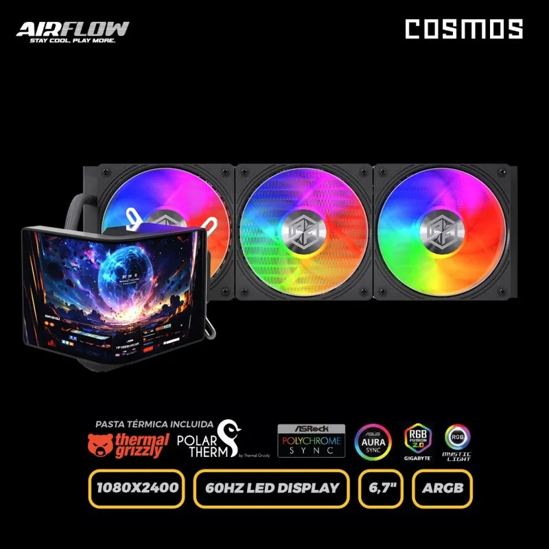 [03791] COSMOS CryoVision 777 Black 360mm WC AIO, AMD / Intel Rendimiento Extremo 360W TDP Pantalla Curva 2K, ARGB